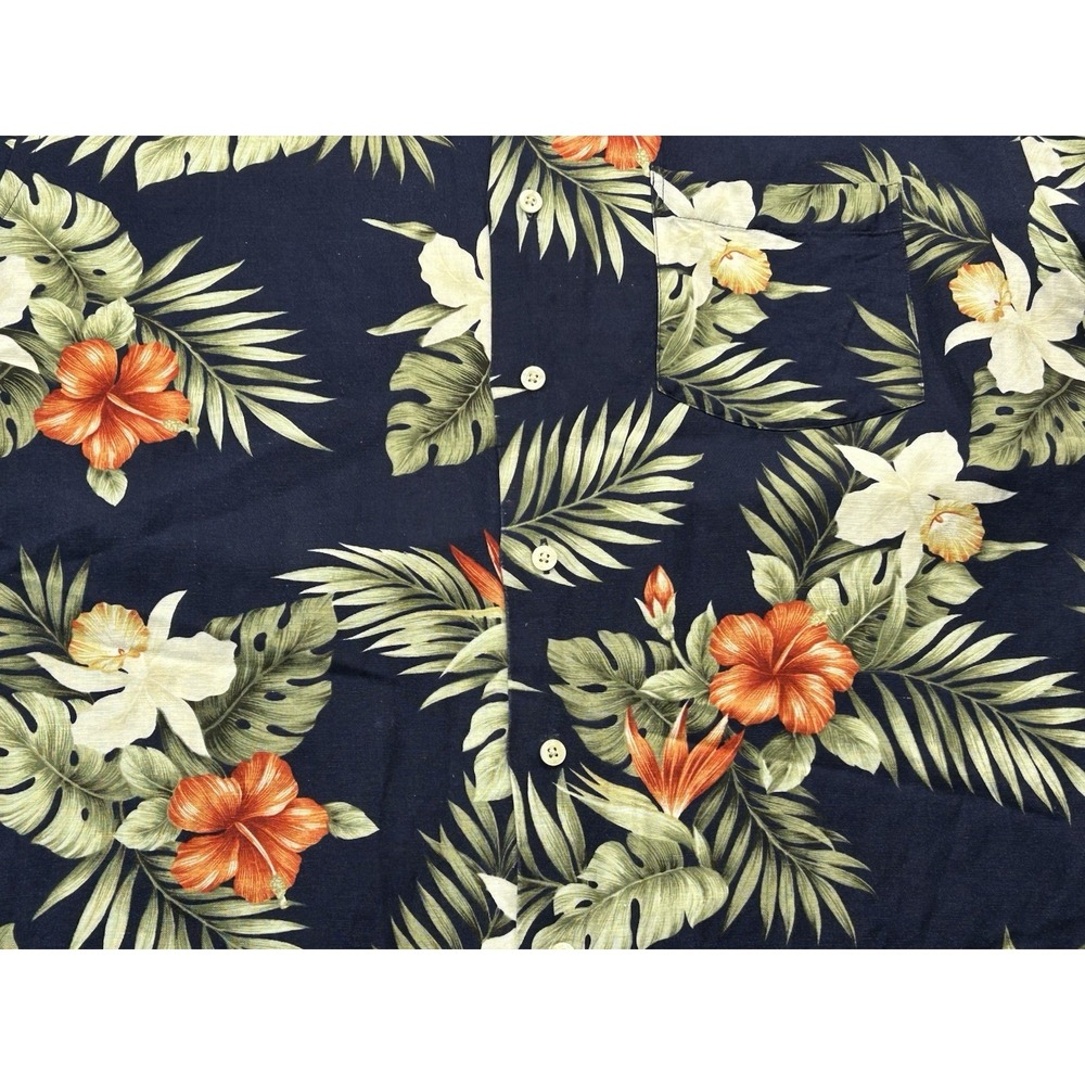 Alex Cannon Hawaiian Camp Shirt Large Tropical Floral Linen Rayon Aloha Navy - Picture 12 of 14